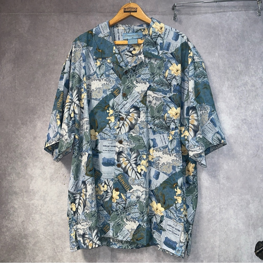 Bermuda Bay Silk Hawaiian Shirt Blue Flowers Maps Wooden Buttons Men’s XXL 2XL